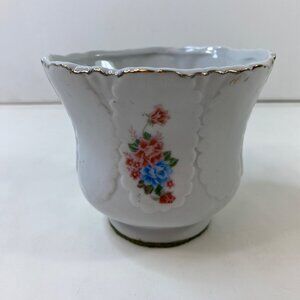 White Ceramic Floral Vase Red Blue Flowers Gold Trim Green Bottom Vintage